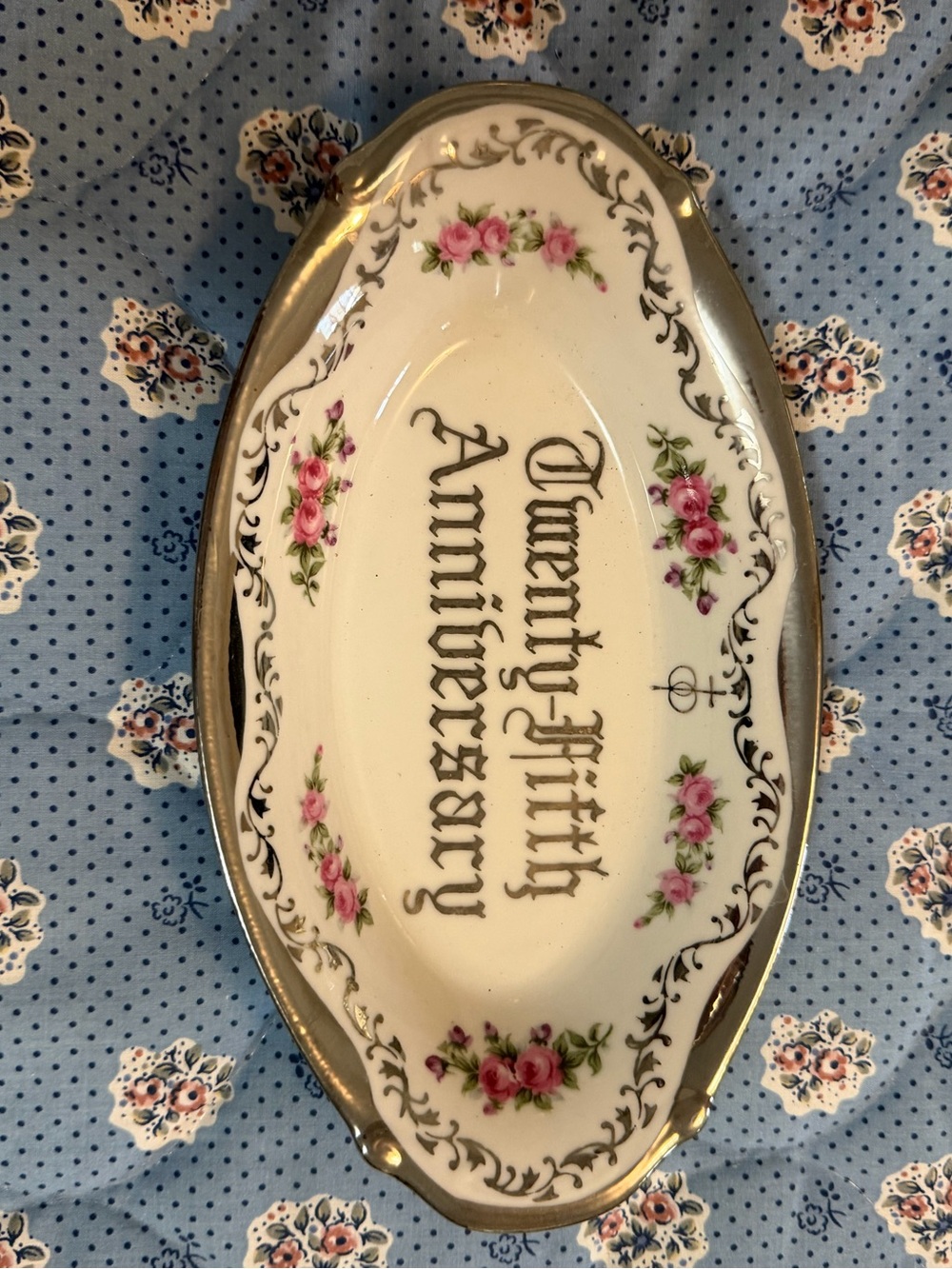 Twenty-Fifth Anniversary Porcelain Trinket Dish with Pink Rose Motif